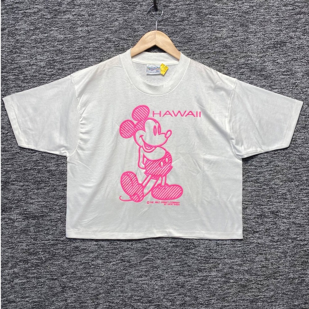 Vintage Mickey Mouse Hawaii Shirt Velva Sheen XL White Pink Puff Print Deadstock